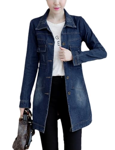 Womens Classic Long Denim Jacket Trendy Lapel Slim Jean Button Down Jackets Shackets Coat Windbreaker Outerwear