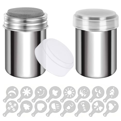 2 Espolvoreadores,Tamiz de Azúcar en Polvo, Tamizador de Harina,Con tapa y un juego de moldes para polvo, adecuado para azúcar glas, cacao en polvo, pimienta, pimentón, sal, etc