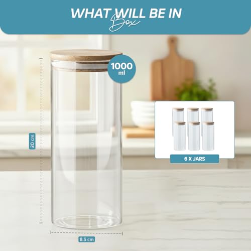 Image of amazon basics Set of 6 Large Borosilicate Glass Jars with Airtight Bamboo Lids | 1000ml Wide Mouth Kitchen Containers for Flour Rice Pulses | BPA-Free Food Grade Storage Canisters