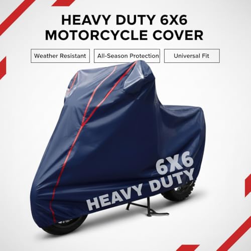 Image of 6X6 Heavy Duty Bike Cover for HF Deluxe, Dual Tone Blue & Red Piping, All-Weather Protection, Waterproof, UV Resistant, Dustproof, Durable Outdoor Motorcycle Body Covers for Daily Use