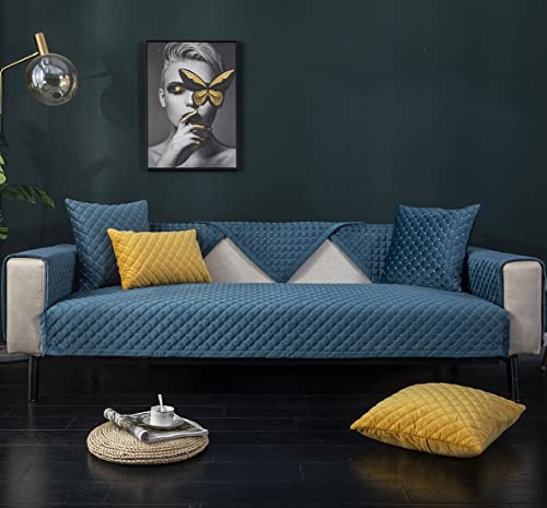 Vctops Luxury Velvet Couch Sofa Cover Soft Plush Sectional Couch Covers Plaid Nonslip Sofa Slipcover For Dogs Cats Pet Love Seat Recliner Leather L Shaped, Armrest Backrest Cover (Dark Blue,28"X28") #TOP1