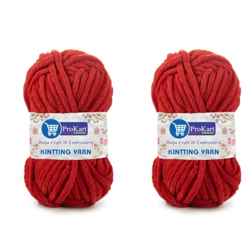 Image of ProKart Premium Blankie Wool, Plush & Cuddly, Chenille Yarn Supersoft Hand Knitting Wool Ball | Blanket Thick /Mottu Yarn Ball Suitable for Hand Knitting and Crocheting for Baby, Adult, Sweaters, caps, Throws, Home Furnishing, Scarves, Blankets (Red, 100gms x 2 Pack)