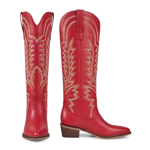ISNOM Cowboy Boots for Women Knee High Cowgirl Boots with Classic Embroidered Pointed Toe Chunky Heel Pull On Fashion Retro Western Tall Boots2