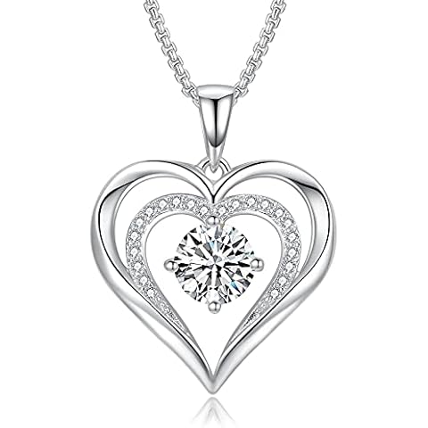 Praelinos Love Heart Birthstone Necklaces for Women White Gold Plated Pendant Necklace Silver Tone 5A Cubic Zirconia Mother's Day Birthday Jewellery Gifts for Women Mum Wife Girlfriend Her (White) Cover