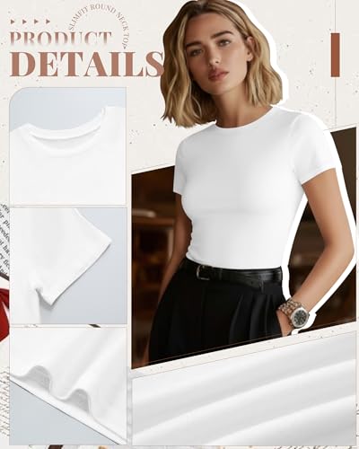 Image of Evervibe Women Built-in Bra Short Sleeve Shirts Crewneck T-Shirt Slim Fit Going Out Tops Summer Casual Basic Tees(White,Small)