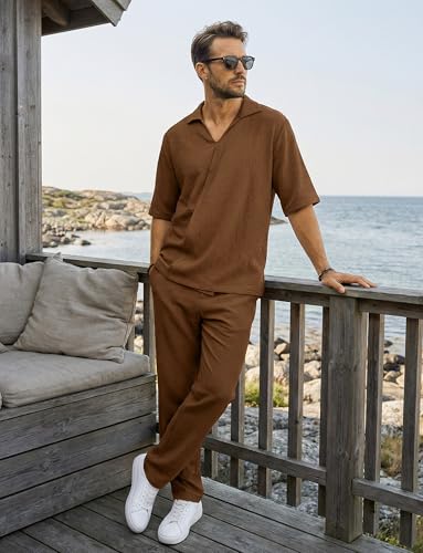 Men Two Piece Outfits Sets Casual 2 Piece Outfits Solid Colour Comfortable Fashionable Vacation Holiday Beach Set Coffee Brown XXL