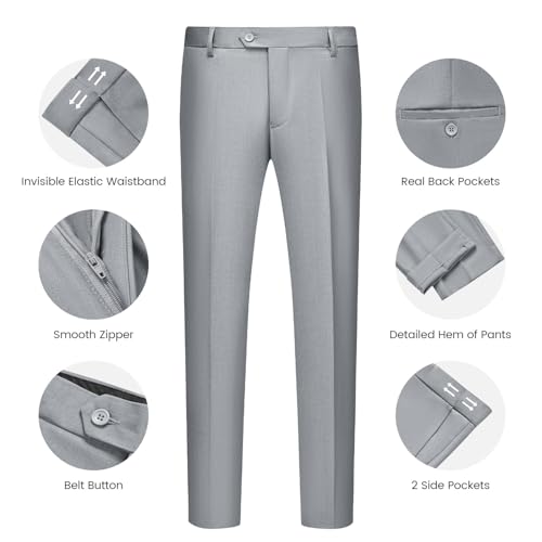 WULFUL Men’s Slim Fit Suit One Button 3-Piece Blazer Dress Business Wedding Party Jacket Vest & Pant Light Grey