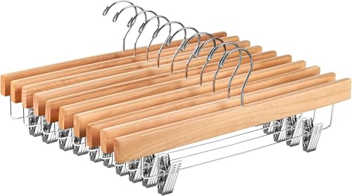 ZOBER Wooden Pants Hangers with Clips - 10 Pack Premium Solid Lotus Wood Skirt Hangers for Women, Heavy Duty Wooden Hanger with Adjustable Metal Grip Clips for Jeans and Shorts, Smooth Finish, Natural