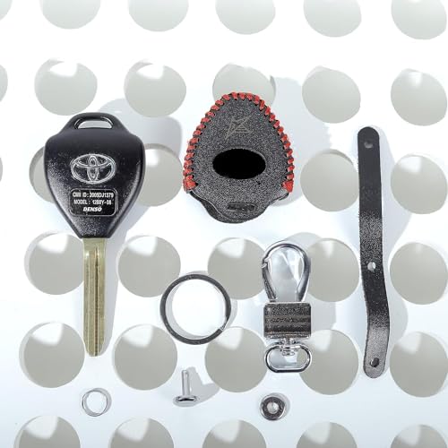 Image of Leather Smart Car Key Cover Case with Metal Hook Keychain for Toyota Fortuner, Corola, Old Corola Altish (Black)