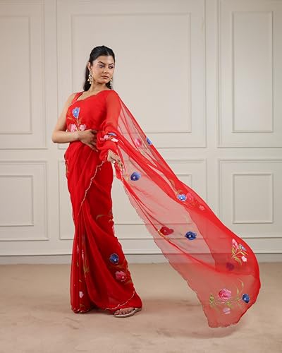 Image of Arkia Women's Hand Painted and Hand Cut dana Work Saree, Red Floral Embroidered Traditional Indian Saree