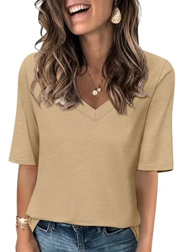 T-shirt col en V coupe fluide manches mi-longues femme Minetom