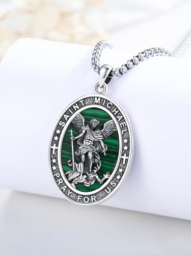 Midir&Etain St. Michael Necklace 925 Sterling Silver White Gold/Malachite/Black Gold/Abalone/Gold Archangel Amulet Jewelry Gift 22" + 2" String of Pearls3