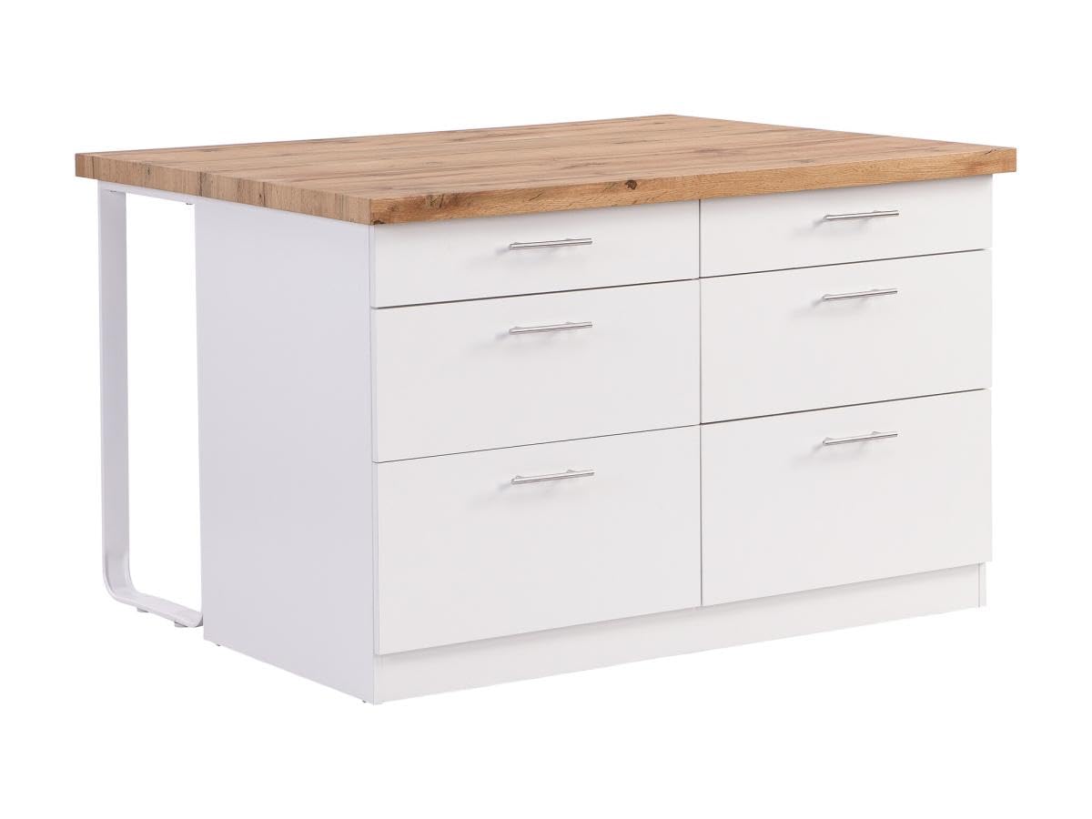 Vente-unique - Isla Central de Cocina con 6 cajones de MDF y Metal - Blanco y Natural Claro - ALEGRITA