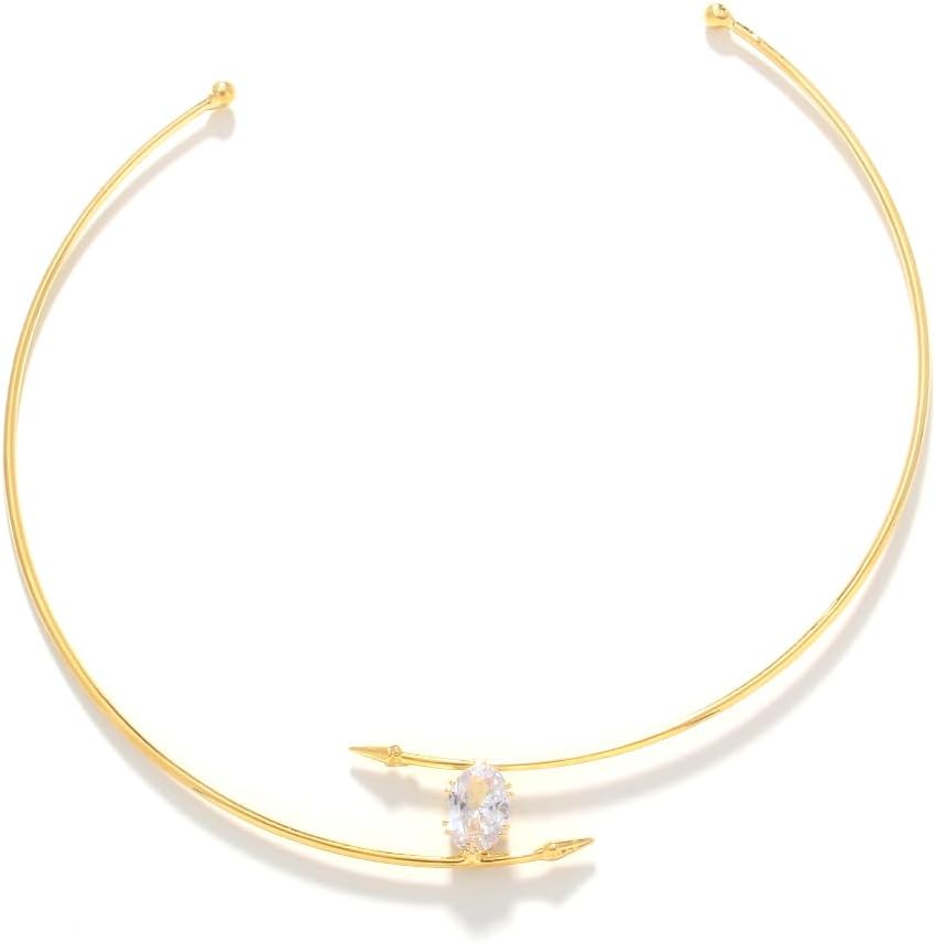 Simple Rhinestone Metal Open Collar Necklace Adjustable Gold Statement Choker Necklace For Women Elegant Jewelry