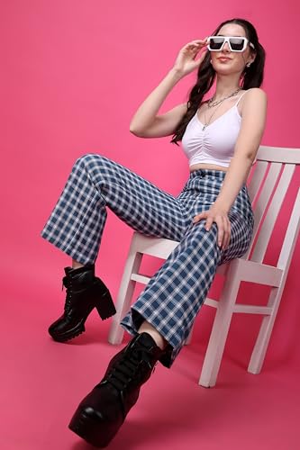 Image of POPWINGS Casual Check Print Button and Zip Closure Trouser for Women | Western Wide-Leg Trouser for Women | Summer Trousers for Women | Comfortable Semi-Formal Work Trouser for Women