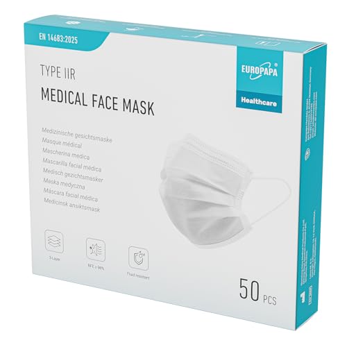 EUROPAPA® Weiss Medizinisch Type IIR Norm EN14683 TÜV CE zertifizierte Mundschutzmasken OP Masken 3-lagig Mundschutz Gesichtsmaske Einwegmaske BFE ≥ 98%, 1 Box (50 Stück)