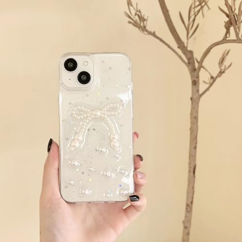 Image of COVERLY for iPhone 15 Pro Max 3D Luxury Pearl Bow Resin Phone Case,Trendy Translucent Cute Hard Epoxy Art Crystal Clear -Non Yellowing Love Heart Pearl Princess Cover for Apple iPhone 15 Pro Max