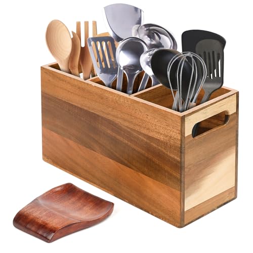 Relaxing Garden Wooden Utensil Holder for Kitchen Counter with Spoon Rest - Acacia Wood Utensil Organizer for Countertop