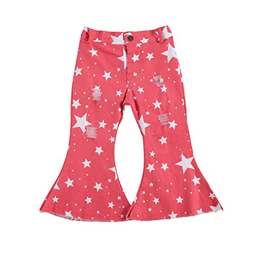 Toddler Baby Girl Fashion Jeans Ruffle Flare Bell Bottom Ripped Jean Leggings Denim Pants Fall Winter Trousers Bottoms (Pink Stars, 2-3 Years)