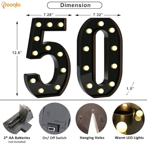 Image of Pooqla 50th Birthday Decorations for Men, Large Black Light Up Numbers | Black Party Decorations, 12.6in Tall Big Marquee Numbers 50th Anniversary Birthday Gift for Men Him Room Decor