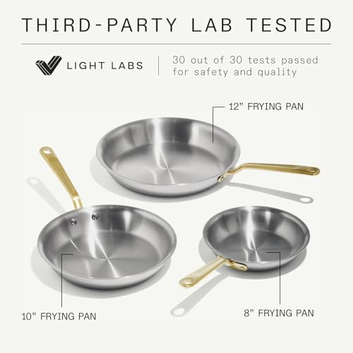 Image of Made In Cookware - 3-Piece (Includes 8 inch,10 inch,12 inch) Stainless Frying Pan Set (Antique Brass Handle) - 5 Ply Stainless Clad - Professional Cookware - Crafted in Italy - Induction Compatible