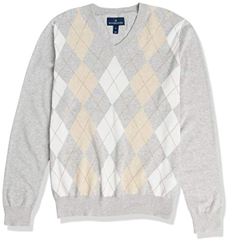 Amazon Brand - Buttoned Down Men's 100% Supima Cotton V-Neck Sweater, Light Heather Grey Argyle, Large