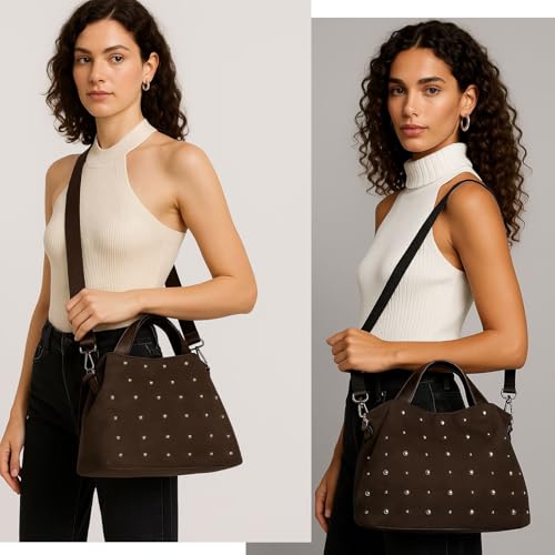 Image of Suede Purse for Women Trendy Vintage Faux Suede Tote Bags Studded Crossbody Purse with Long Shoulder Strap