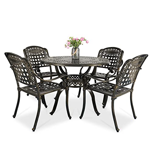 Vivijason 5-Piece Patio Furniture Dining Set, All-Weather Cast Aluminum Outdoor Conversation Set, Include 4 Chairs And 1 Round Table W/Umbrella Hole For Balcony, Lawn, Garden, Backyard #TOP6