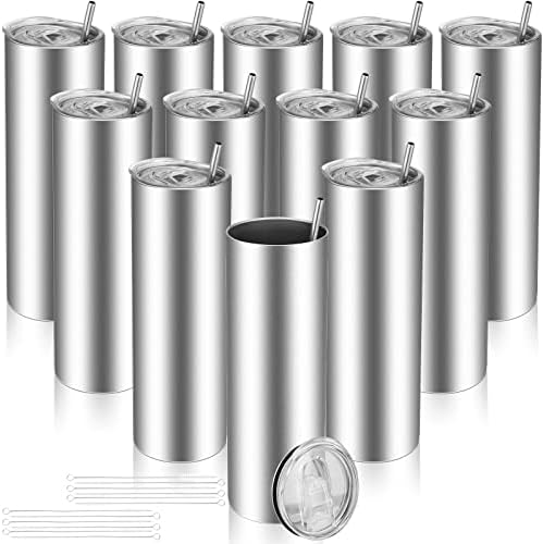 Potchen 12 Pack Skinny Tumblers 30 oz Stainless Steel Slim Tumbler Silver Double Wall Vacuum Water Cup with Lids Straws and Brushes Travel Mug DIY Gift for Men Women, 36 Piece Set