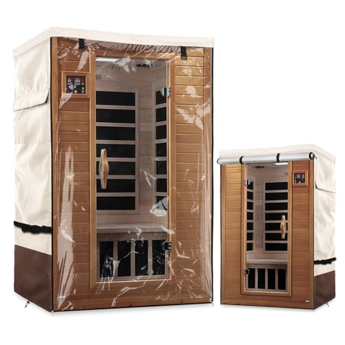 Exokugo Outdoor Wood Sauna Cover,Sauna Covers with Separate Top Cover for Wood Home Spa Saunas,48"x43"x74.8" with PVC Clear Door Design,Beige&Brown