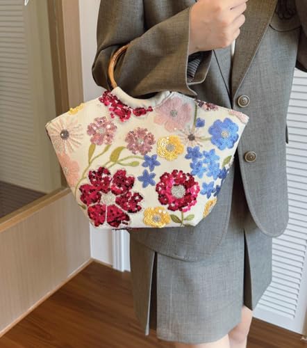 Bolso Tote bordado con lentejuelas y asa de bambú miniatura 2