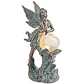 TERESA'S COLLECTIONS Fairy Garden Statues Outdoor Solar Light for Outdoor Decor, Patina Bronze Fairy Resin Garden Decor Sculptures with Crackle Glass, Lawn Ornaments Yard Decor Gifts for Mom, 12.4"