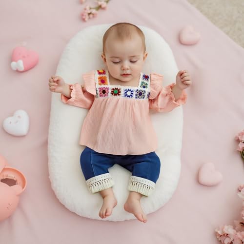 VISGOGO Toddler Baby Girl Crochet Outfit Floral Crocheted Camisole Top Linen Tassel Bohemian Floral Tops + Denim Pants Set3