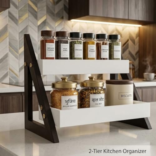 Image of Kitchen Organizer Rack - Multi-Purpose Kitchen Stand for Countertop & Cabinet Storage | Heavy-Duty Kitchen Rack Organizer for Spices, Utensils, Dishes & Pantry Items (2 Tier Black)
