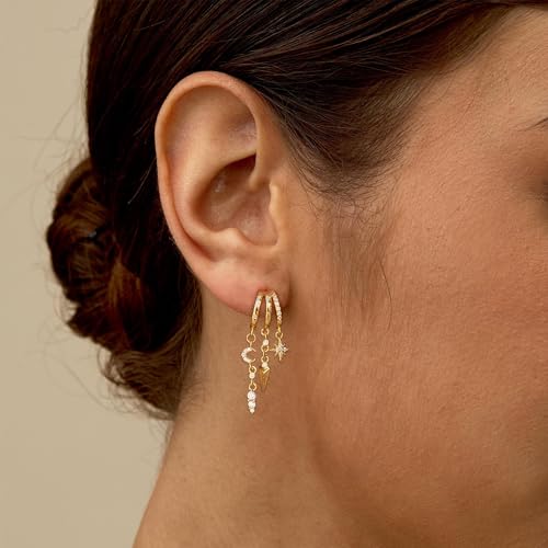 Dangle Earrings For Women,Dainty 14K Gold Plated Hypoallergenic Small Triple Huggie Hoop Earring Gothic Cute Cross Moon Star Drop Earrings For Women Trendy Gold Statement Stud Earring Jewelry3