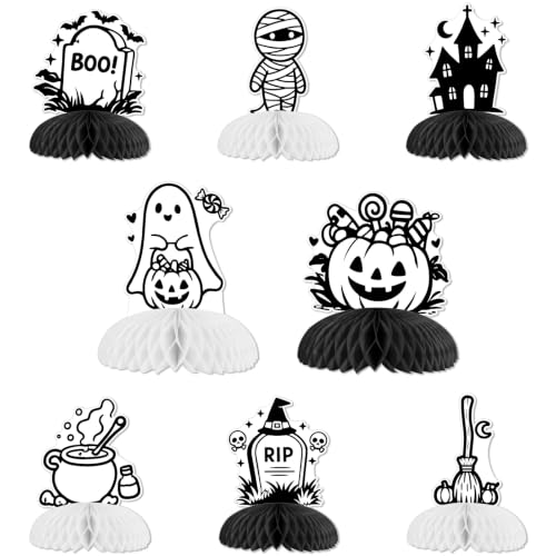 kreat4joy 8pcs Halloween Party Decoration Black White Ghost Honeycomb Centerpieces Set Happy Boo Day Table Decorations for Birthday Party Baby Shower Celebration Decor Double Sided Cardstock Cute