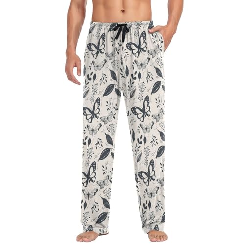 Mens Pajama Pants Butterfly Boho Flower Soft Lounge Sleep Pj Bottoms with Drawstring Pockets