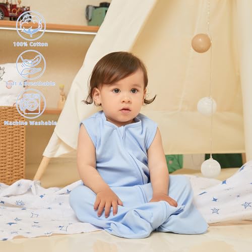 Image of DaysU Cotton Baby Sleep Sack, Sleeveless Baby Sleeping Bag with Two-Way Zipper, Solid Color Baby Wearable Blanket for Newborn Baby Boys 6-12 Months, 1-Pack, Blue, 0.5 TOG