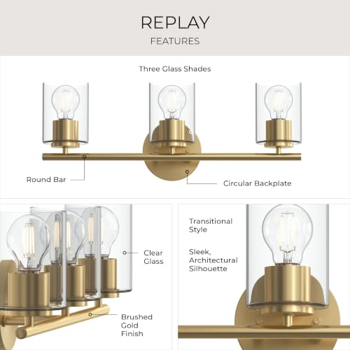 Image of Progress Lighting Replay 22 Inch 3-Light Vanity Light, Transitional, Brushed Gold with Clear Glass Shades, (7.875 inch H x 22 inch W x 6 inch D), P300583-191