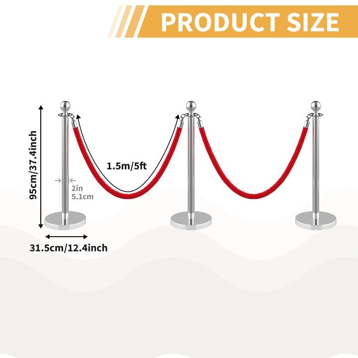 12Pcs Stanchions and Velvet Ropes with 15ft Red Carpet,Complete Crowd Control Barriers Set with 10 Red Velvet Ropes & Stainless Steel Posts for Party, Wedding, Event Supplies,Silver without Red Carpet Silver 12