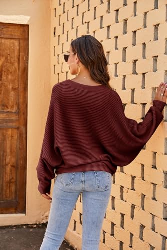 Fessceruna Damen Pullover Oversize Fledermausärmel Strickpullover Winter Rundhals Pulli Geripptes Sweatshirt(Weinrot, L)
