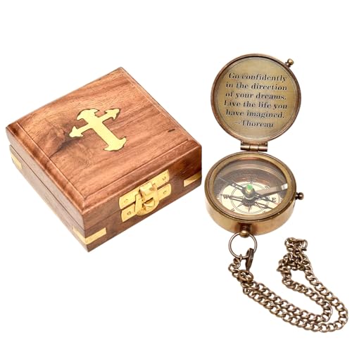 Brújula magnética antigua grabada con caja de madera miniatura 3