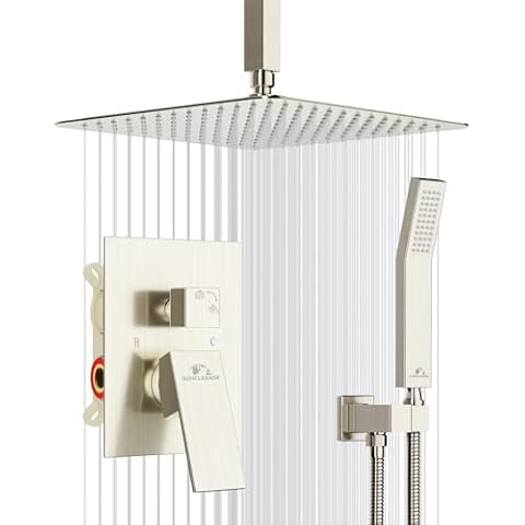 SunCleanse Rainfall Shower System Brushed Nickel Ceiling Mounted Shower System Combo Set with High Pressure 12 Inches Square Rain Shower Head Handheld and Shower Faucet Rough-in Mixer Valve and Trim Cover