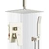 SunCleanse Rainfall Shower System Brushed Nickel Ceiling Mounted Shower System Combo Set with High Pressure 12 Inches Square Rain Shower Head Handheld and Shower Faucet Rough-in Mixer Valve and Trim