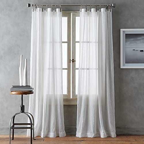 DKNY City Breeze Sheer Window Curtains for Living Room Faux Leather Tab Top Panel Pair, 50 x 84 inch, White