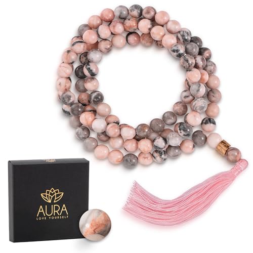 108 Mala Beads Bracelet with 18K Gold Plated Charm Healing Crystal Stone Mala Prayer Bead Necklace Sandalwood Gemstone Jewelry for Men Women Buddhist prayer beads bracelet for Yoga Meditation