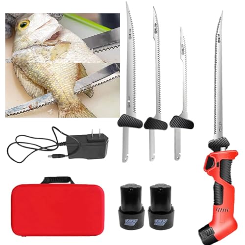 Cuchillo De Filete EléCtrico Para Pescado InaláMbrico,Cortador De Filete Pescado Cocina InaláMbrico, 4 Cuchillas Alternativas Antiadherentes Recubiertas + 2 BateríAs Iones Litio + Bolso,Red