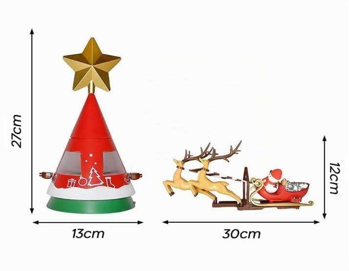 Puntale per Albero di Natale, Puntale Girevole a 360°, Punta per Albero con Babbo Natale con Renne, Luci Suoni e Movimento Ricaricabile