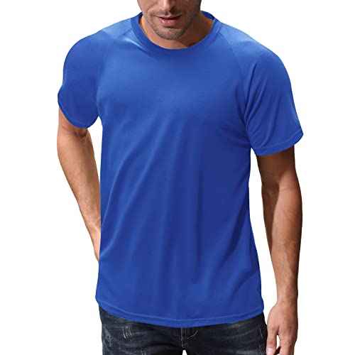 Mens Workout Shirts Casual Athletic Slim Fit Quick Dry Exercise Fitness Short Sleeve Gym Moisture Wicking Top Bright Blue #TOP2