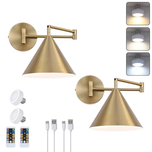 Zcpuls W-XUL134 Rechargeable Swing Arm Wall Sconces Set Of 2,Gold Battery Operated Wireless Dimmable 3 Color Wall Light cover